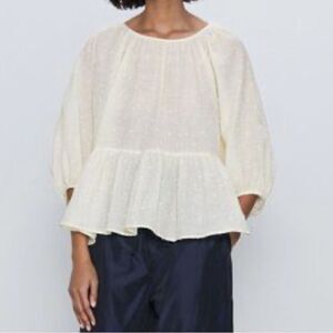 Zara Cream Polka Dot Relaxed Fit Summer Top XS/S